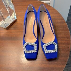 Rupert Sanderson Lumina Pump Blue Pearl Satin Heels, Size 39.5, Practically New.